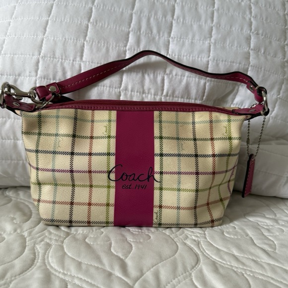 Coach Pink Tan Plaid Stripe Multicolor PVC Leather Small Baguette Bag Purse EUC - Picture 1 of 9